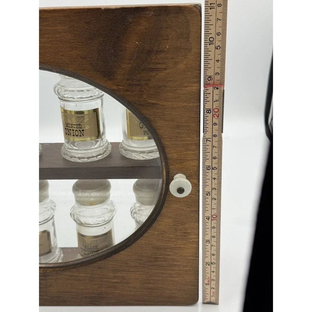 Antique‎ Wood Spice Cabinet Rack w/ 10 Glass Jars & Lids